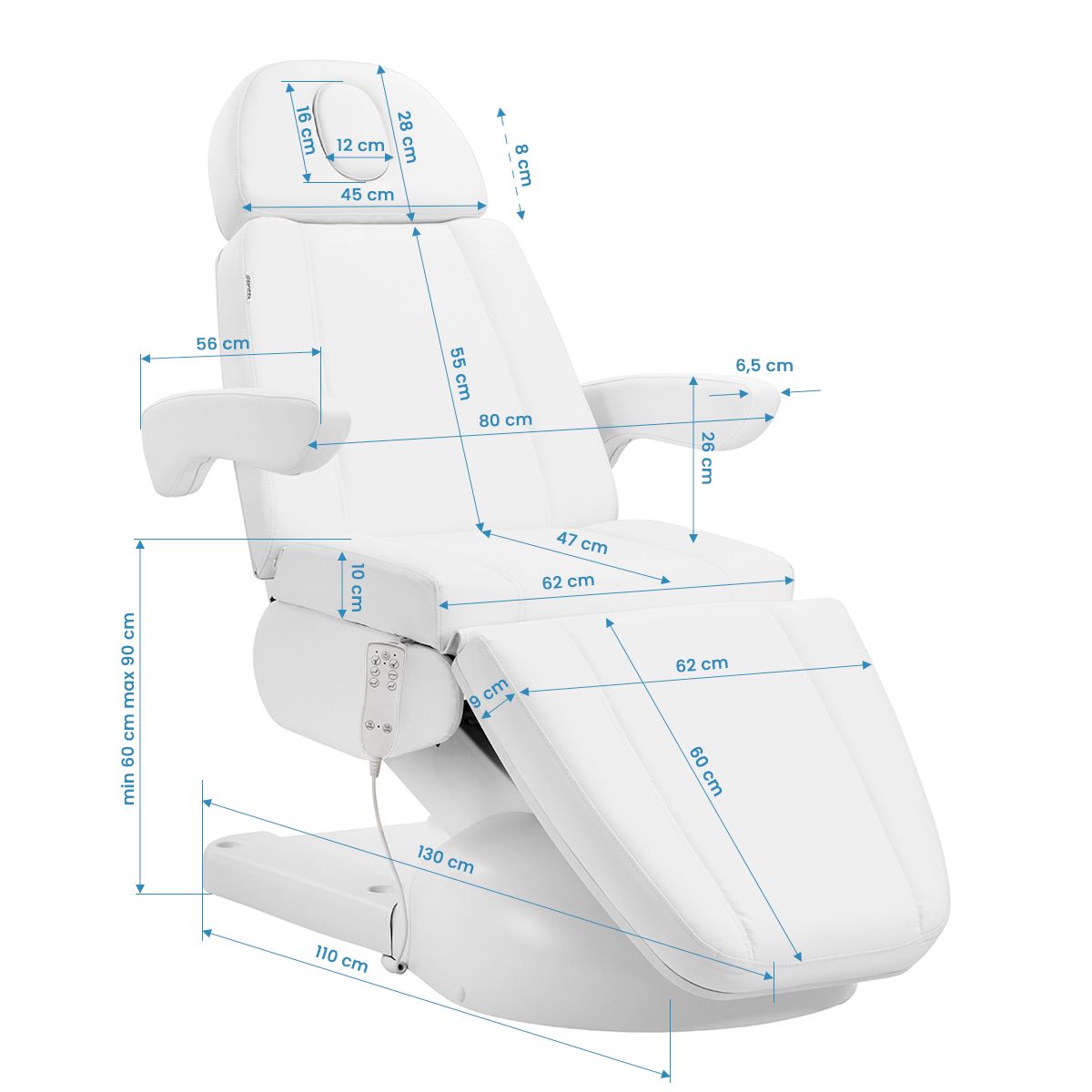 Behandlingsstol Azzurro Lux 3 motorer hvit med varme